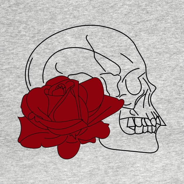 Skull and red rose white t-shirt, stickers, cases, notebooks, pillows, totes, masks by Anastasia Letunova